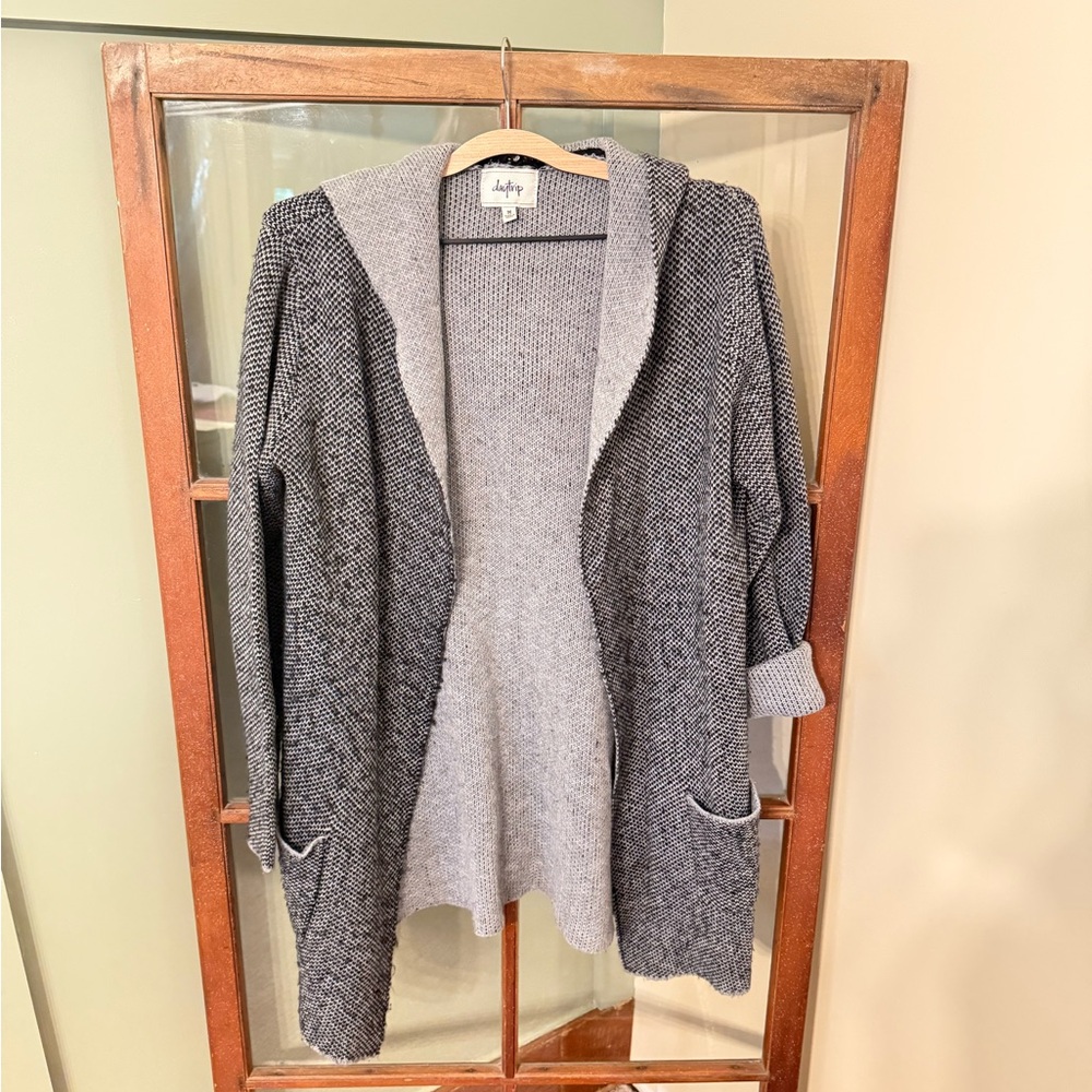 Daytrip Buckle Grey and Black Knit Cardigan Hooded Sweater - Size Medium